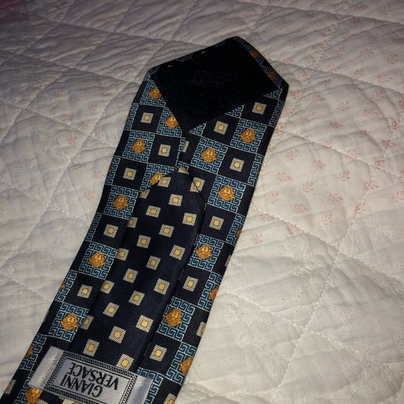 Gianni Versace  Blue and Gold Geometric Silk Tie- made in Italy- preloved. - Picture 2 of 8